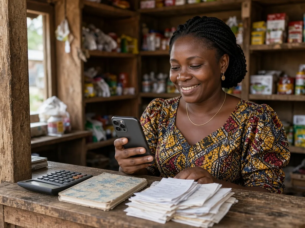 A shop owner at her counter, notebook and calculator pushed aside, smiling at her phone