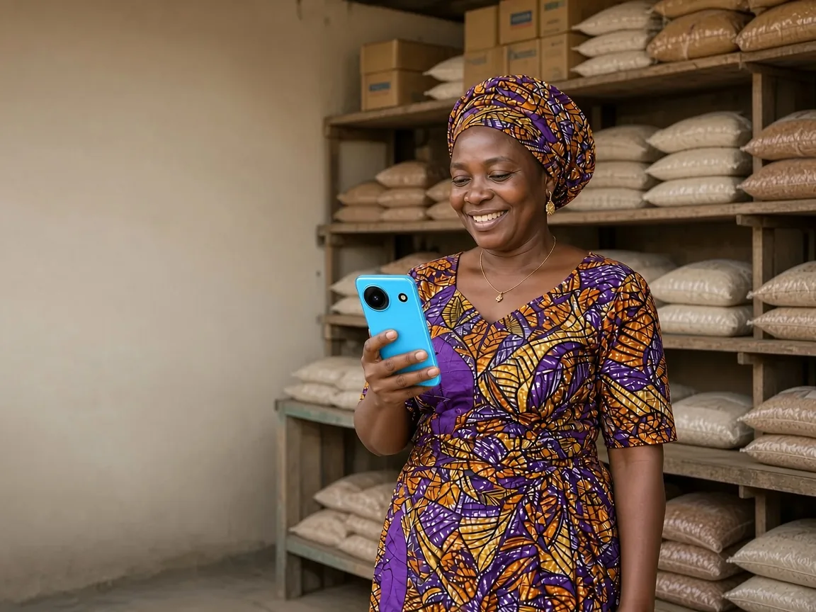 A market woman in her provisions shop smiling at her phone