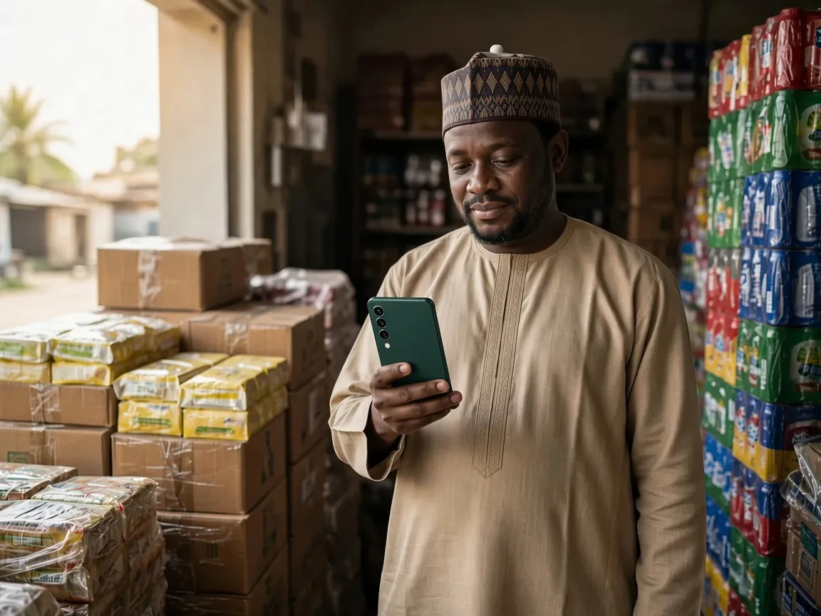 A wholesale shop owner reading advice on his phone beside stacked cartons