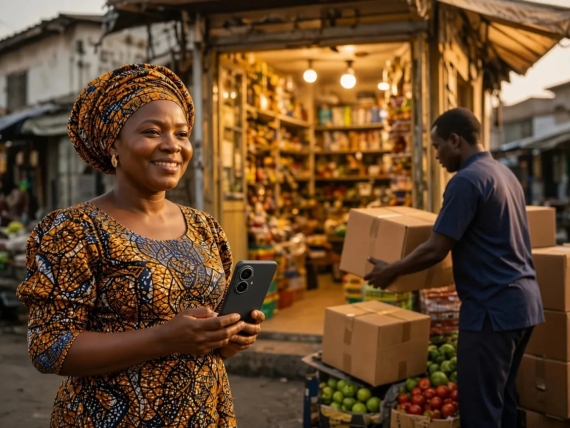 A proud trader outside her growing shop while new stock is delivered