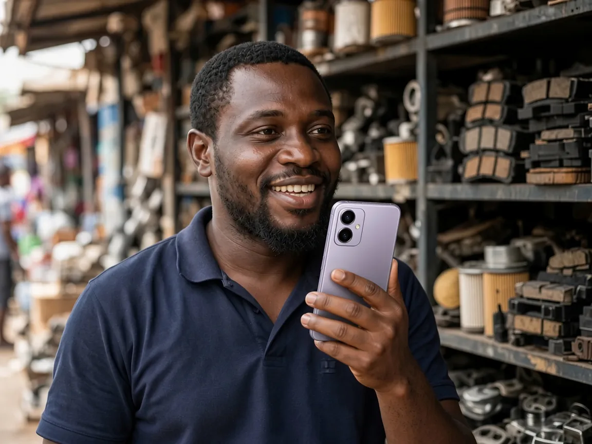 A spare-parts trader recording a voice note on his phone in a busy market